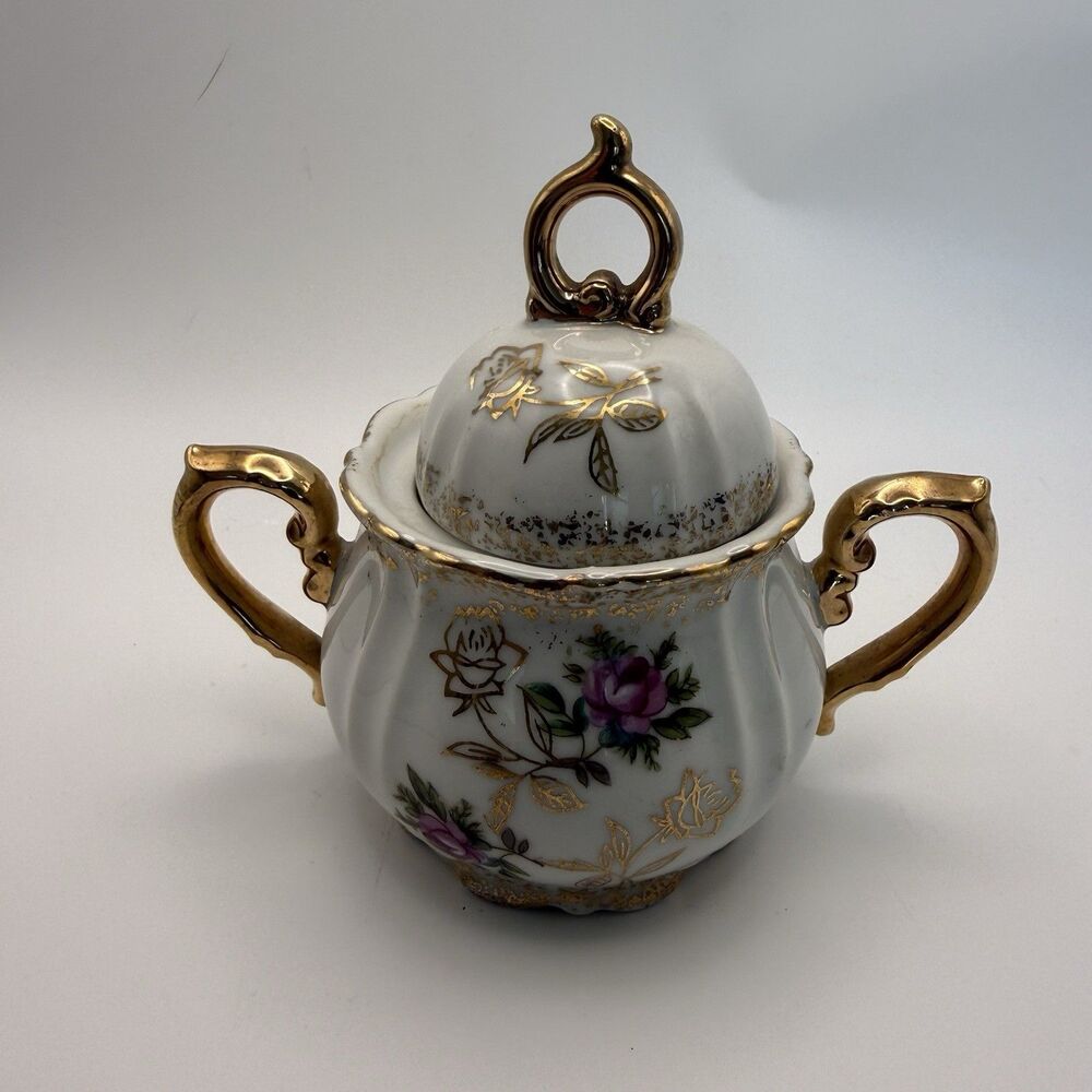 Vintage Japan Fine China Lidded Sugar Bowl Gold Trim Floral Pink Rose Handles